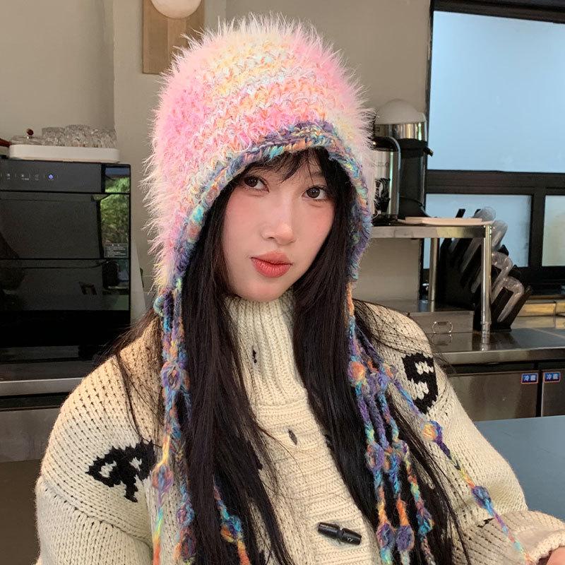 Autumn and winter color retro knitted lace-up women's warm mixed color feather yarn ear protection fringed wool hat