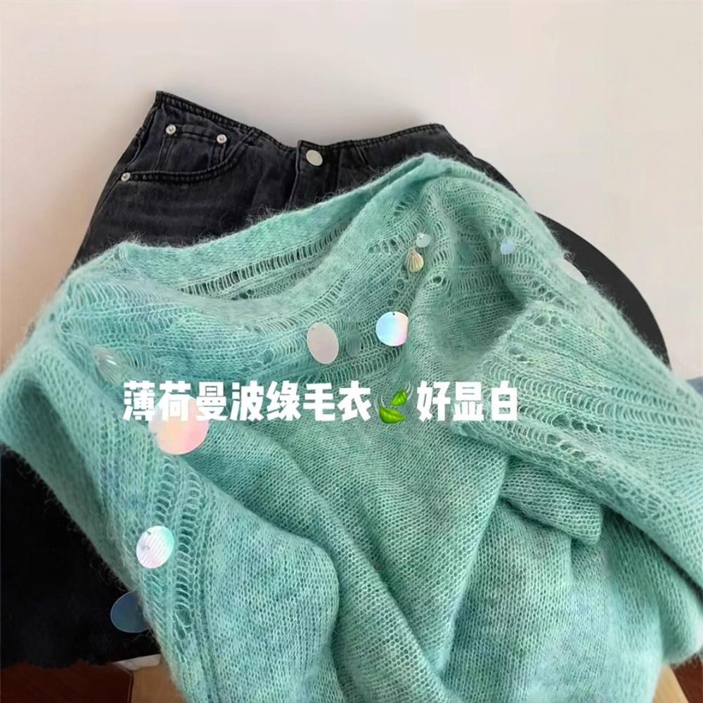 Recommended Dopamine Green Hollow Sequin Knitted Sweater for Women's New Autumn High-end Soft Waxy Sweater for Self-retention