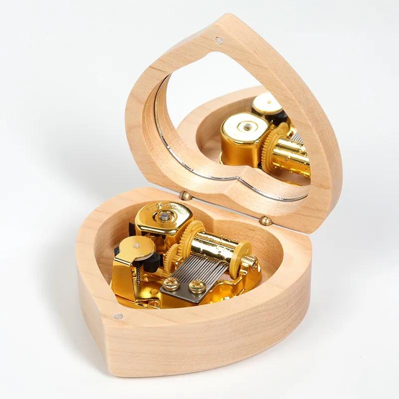 Creative Heart Shaped With Mirror Music Box Handmade  Wooden Music Box Home Decoration Ornament Birthday Gift Christmas ZG120