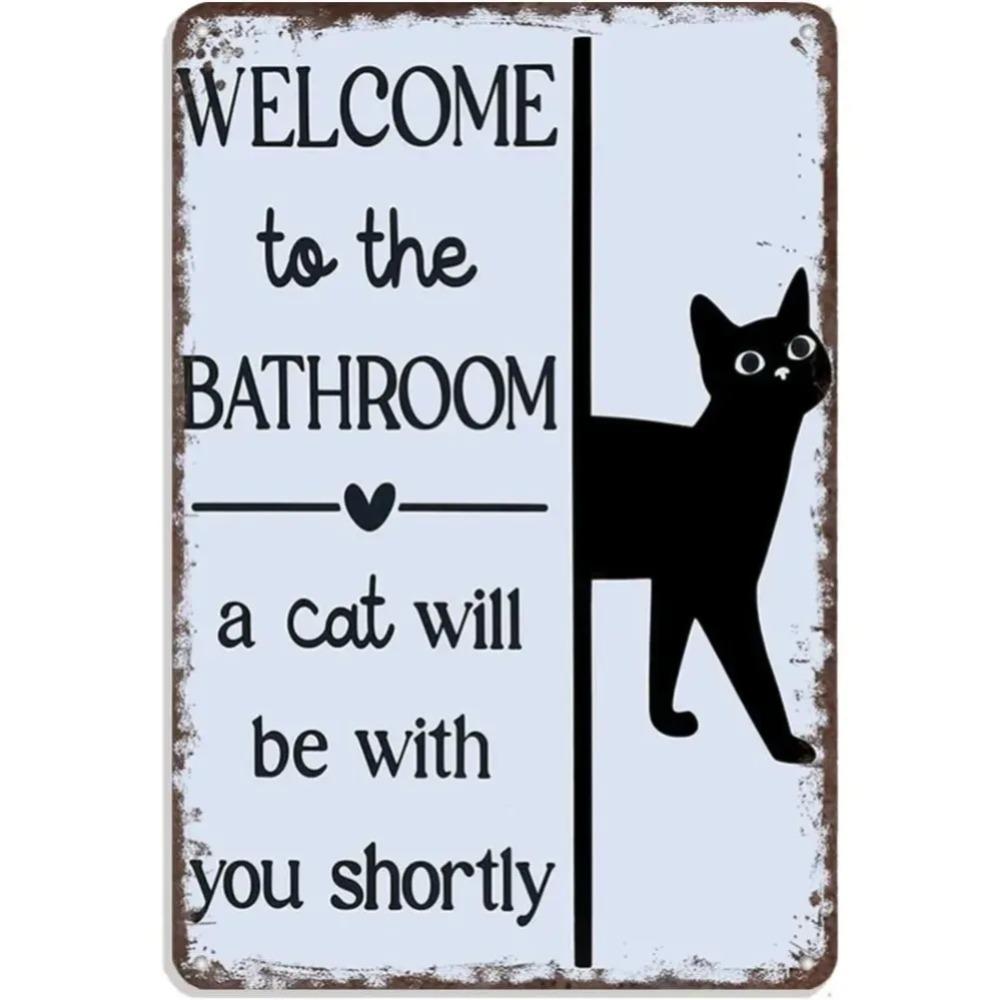 Retro Cat Bathroom Sign, Funny 2D Tin Painting, Welcome Metal Wall Art Decor