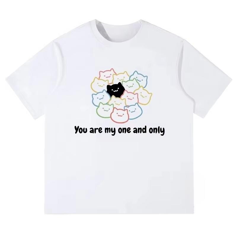 

2025 Autumn Clothes Fun Kitten Printed Tees Japanese and Korean Men s and Women s Cotton Short Sleeves Loose Casual Student Tops S