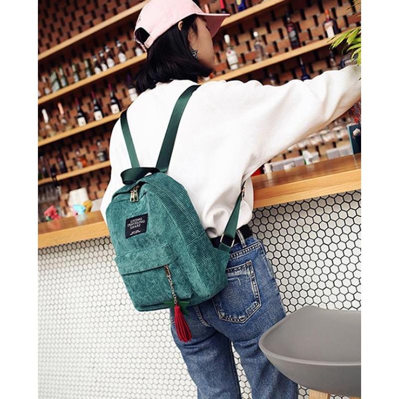 Women School Soulder Bag Tassel Corduroy Backpack Preppy Style Knapsack