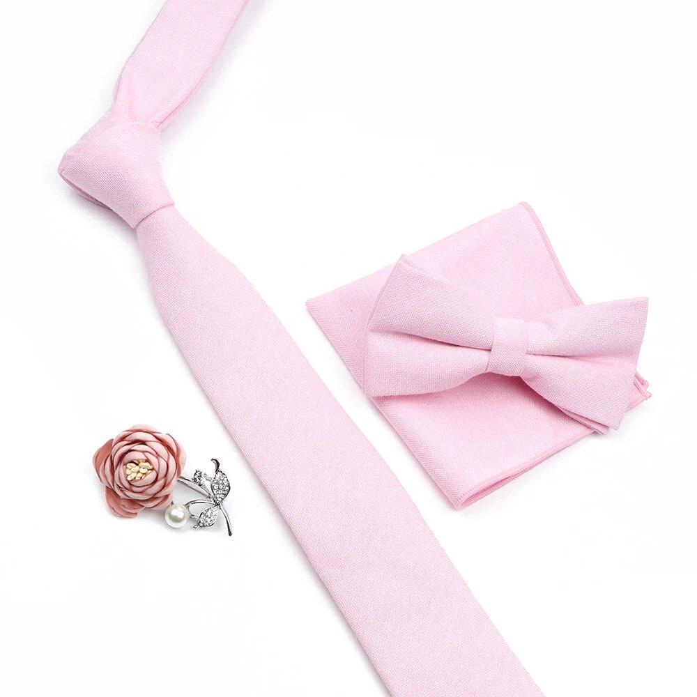 Solid Color Cotton Necktie Set For Men Tie 4pcs Hanky Cufflinks Rhinestone FLoral Brooch Tie Set