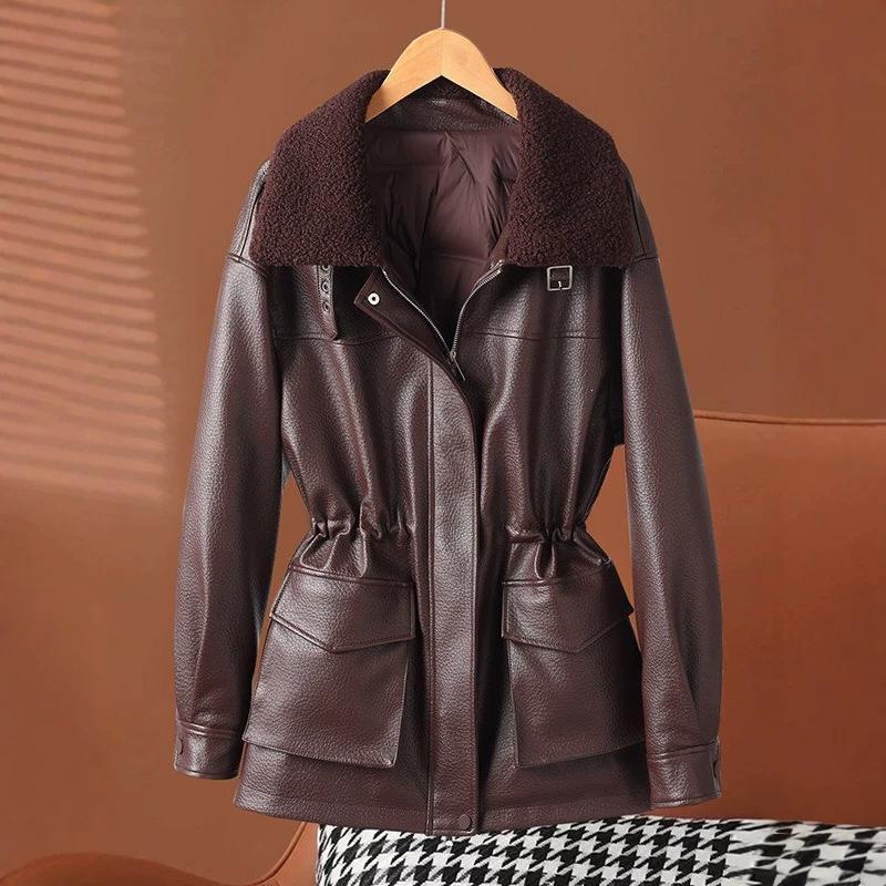Maillard down jacket, fleece thickened leather jacket, women's one winter medium and long new leather locomotive jacket