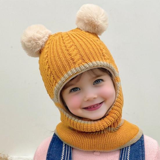 Children Hat Plush Balls Decor Thickened Knitting Hat 3-in-1 Design Hat Scarf Face Guard Headgear Elastic Fit Windproof Hat