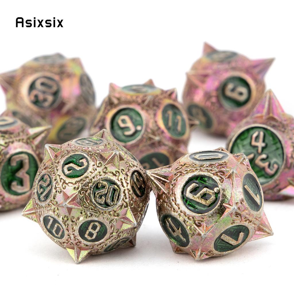 7 Pcs Red Green Meteor Hammer Metal Dice Solid Metal Polyhedral Dice Set Suitable For Role-Playing Dice PropBoard Game Gift