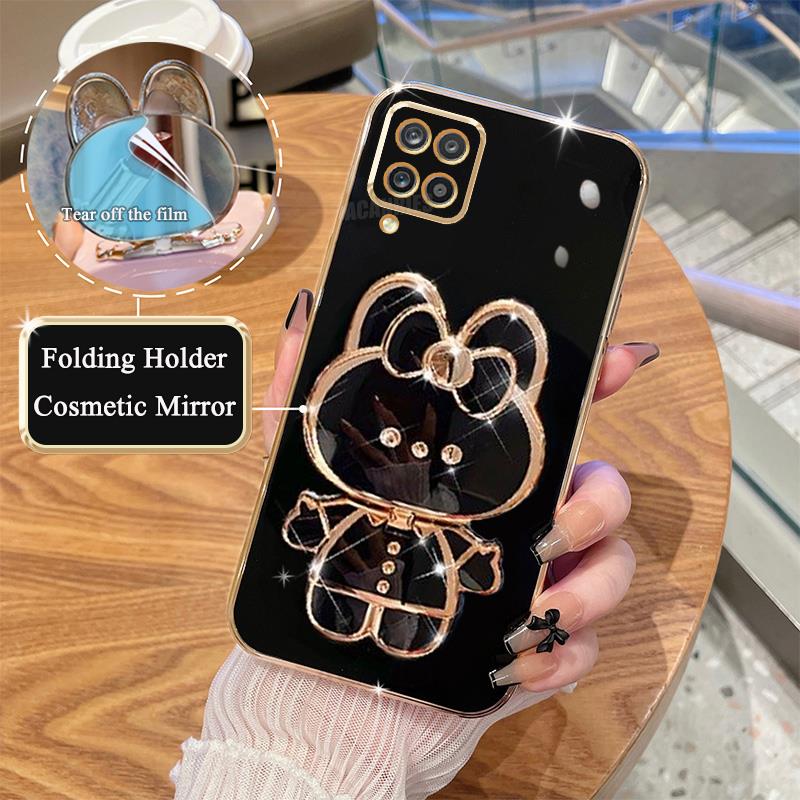 A 12 22 Luxury Plating Mirror Holder Case For Samsung Galaxy A12 A22 M32 4g 5g A42 M12 M33 M53 Silicone Stand Cover A02 A03 A05