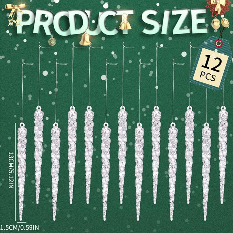 12Pcs Christmas Icicle Ornaments Hanging Acrylic Crystal Christmas Ornaments Clear Plastic Icicles Christmas Tree Decorations