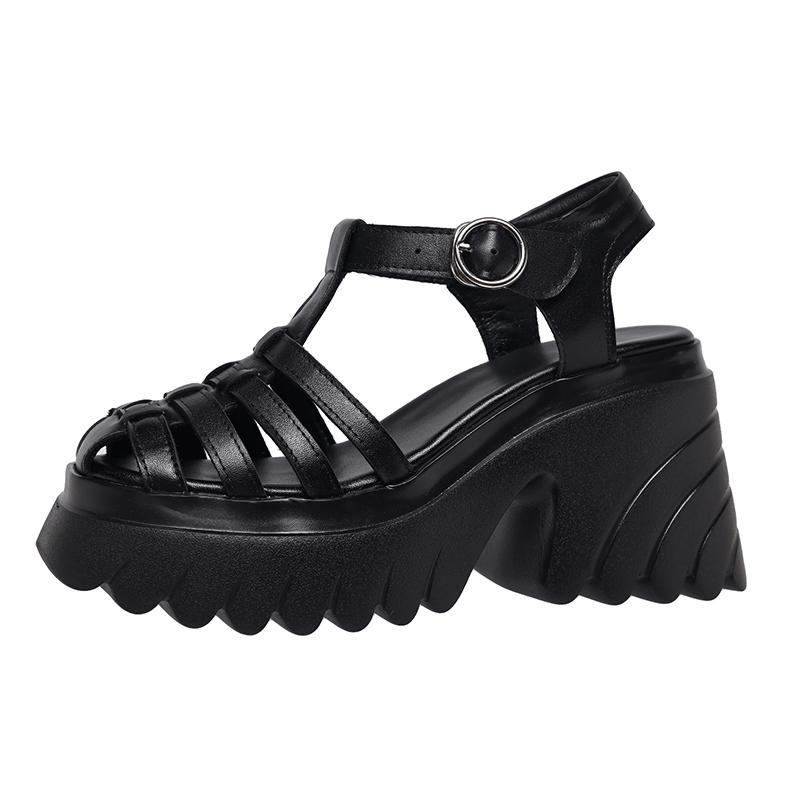 

Krazing Pot, весенняя обувь из коровьей кожи с круглым носком на толстом высоком каблуке, повседневные женские сандалии с пряжками и ремешками, украшенные плетением 37 чёрный