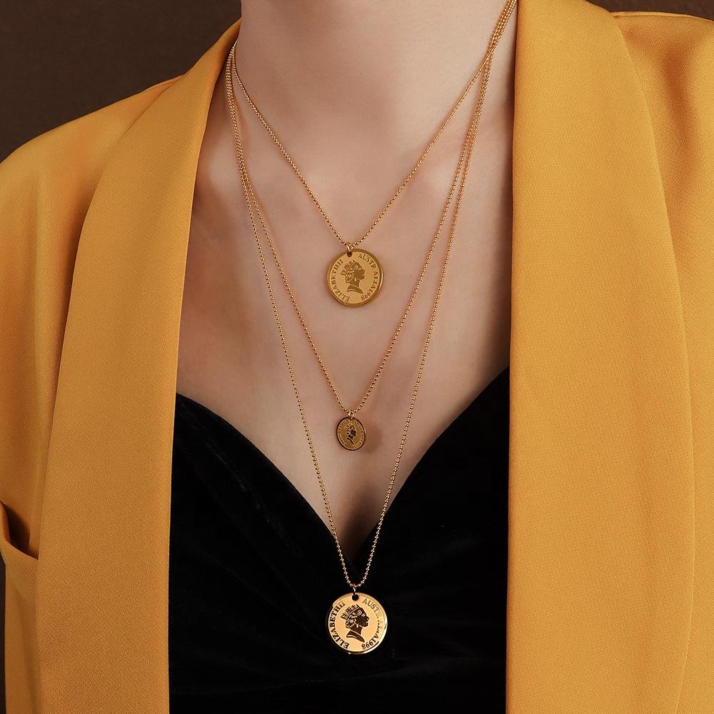 2026 Waterproof Fashion Stainless Steel Pvd Plated 18k Real Gold Coin Round Brand Pendant Necklace Jewelry