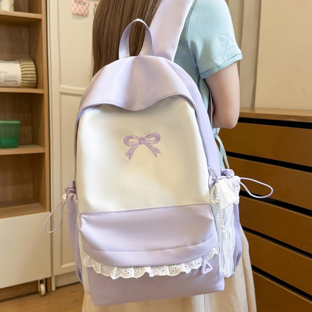 Schoolbag Girls Simple Bow Lace School Bag Color Matching Campus Large Capacity Commuter Backpack Class Backpack