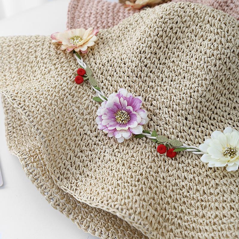 Summer Hats For Women Flower Rope Wide Brim Sun Hat Lady Foldable Sunhat Sunscreen Beach Accessories Seaside Holiday New