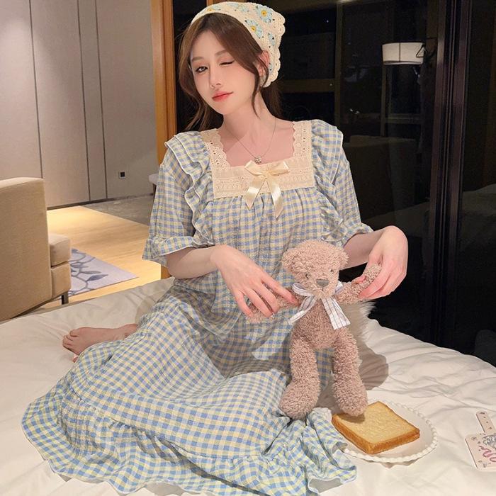 Princess Style Fattened And Enlarged Summer Short-Sleeved Nightgown Wrinkled Cotton Loose Large Size Sweet Cartoon Loungewear Can Be Worn Outside