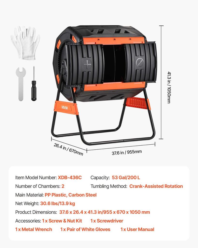 Compost Tumbler, 200L Dual Chamber Outdoor Tumbling Composter with 2 Sliding Doors and Aeration System, Large Easy-Turn Fast Rotating Composting Bin