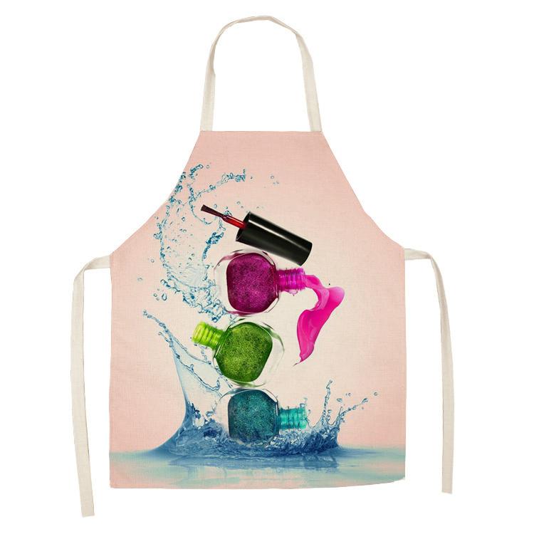 New Linen Colorful Nail Polish Cosmetics Theme Print Kitchen Aprons Unisex Dinner Party Cooking Bib Funny Cleaning Apron Barber