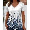 Harajuku Wind Ladies V-neck T-shirt Summer Outdoor Casual Short Sleeve Tops Retro Street Flower Print OverSize Women's Clothing