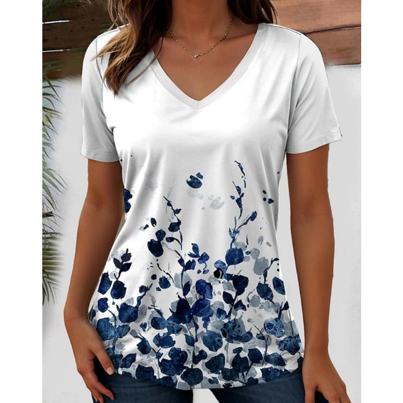 Harajuku Wind Ladies V-neck T-shirt Summer Outdoor Casual Short Sleeve Tops Retro Street Flower Print OverSize Women's Clothing