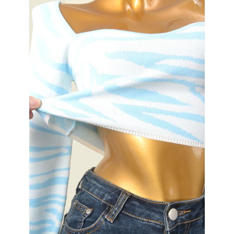European and American Sexy Peach Collar Knitting Long Sleeves Tops Summer Common Blue and White High Waist Short Open Back Chic Bottoming Shirt