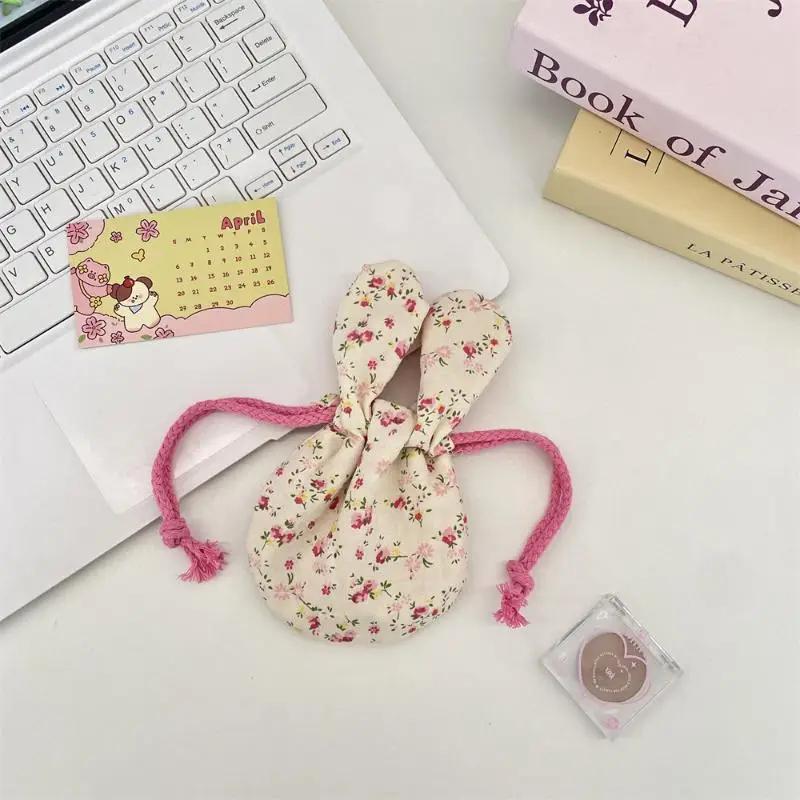Cute Bunny Ear Flower Drawstring Storage Bag Outdoor Portable Cosmetics Lipstick Handbag For Outdoor Travel Storage Bag