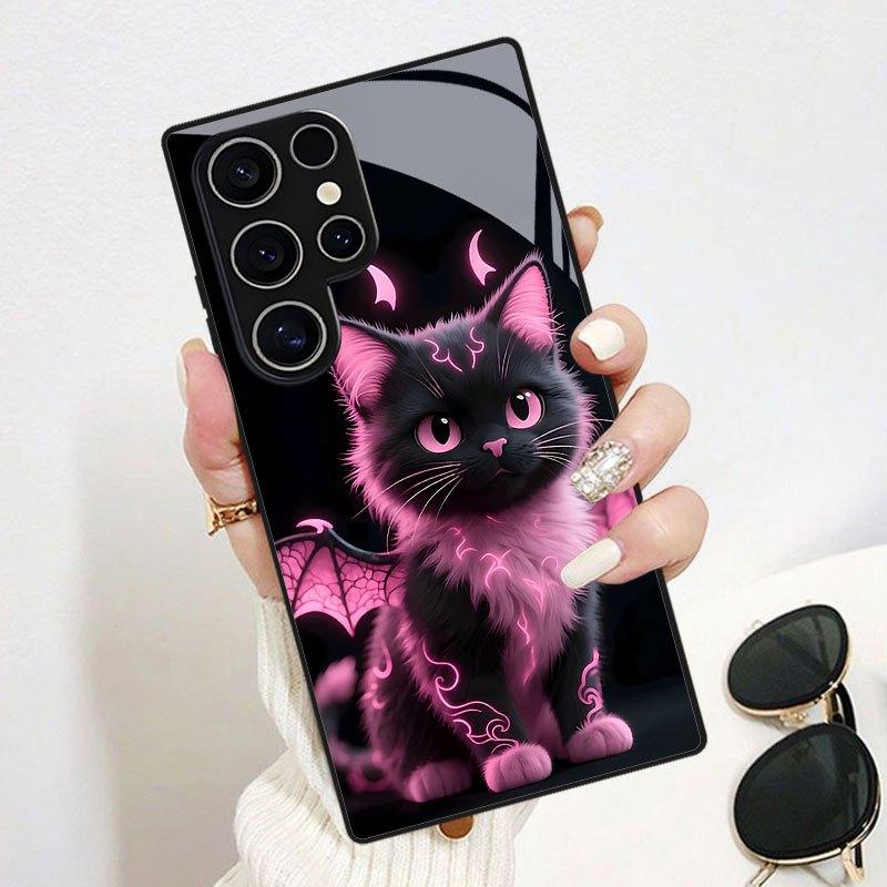 Cute Devil Cat Pattern Glass Phone Case Suitable for Samsung GalaxyS26 S25 S24 S22 S21 S20FE/Ultra/Plus Dustproof and Shockproof
