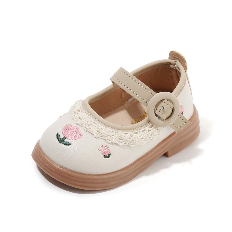 Frühlings-Babyschuhe aus Leder mit eckiger Spitze und floraler Spitze - Niedliche Prinzessinnenschuhe für Kleinkinder