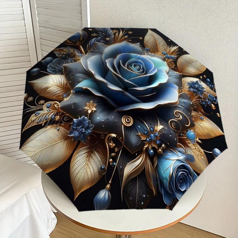 1PC Blue Rose Gold Leaf Umbrella-8-Rib Reinforced, Automatic Open, Lightweight & Durable, Cute Fashion Accessory for Outdoor-A1258