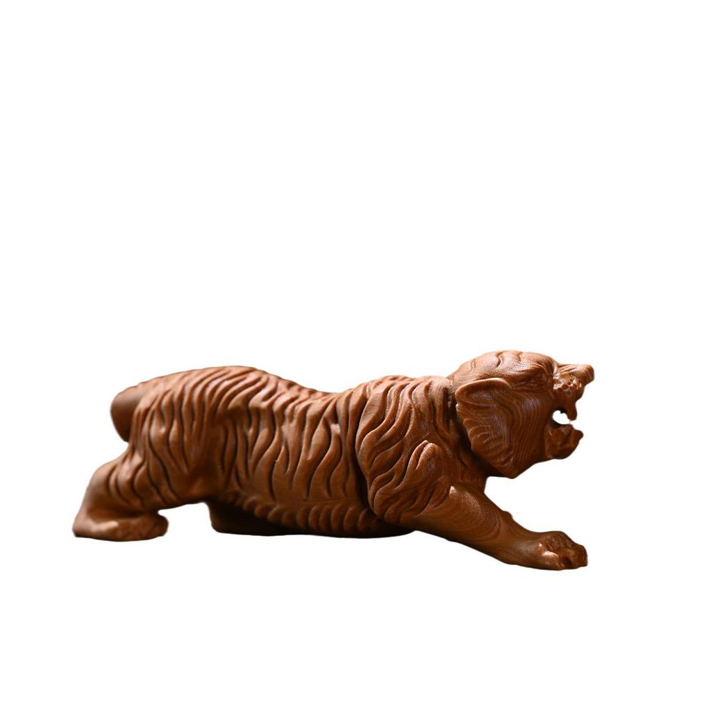 Burl Wood Carving: Fierce Tiger Ornament - Solid Wood Animal Figurine for Home or Car Decor