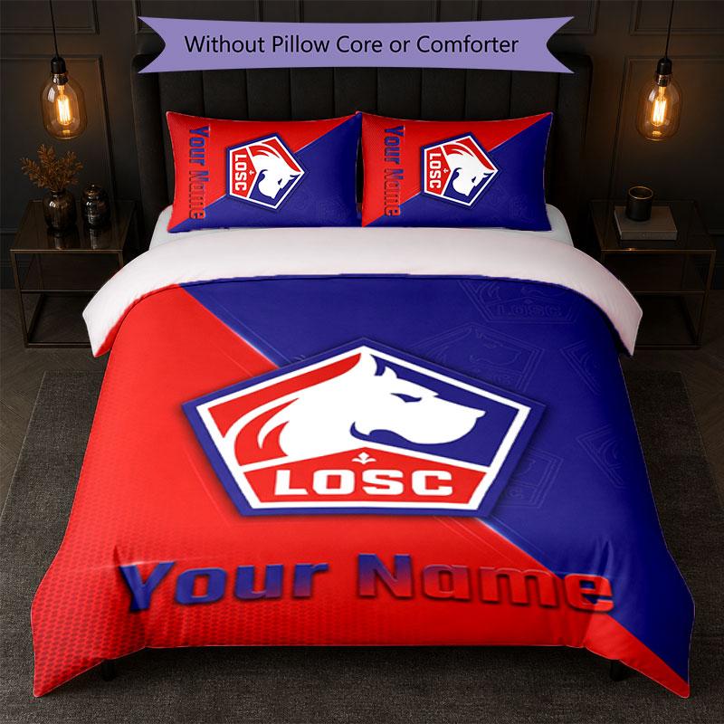LOSC Lille Custom Name Text Bedding Set 1 Duvet Cover+2 Pillowcases Soccer Logo Personalized Gift For Special Occasion Bedroom Decor