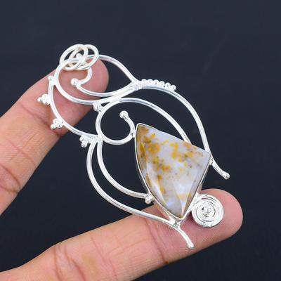 Trillion Plume Agate Gemstone Engagement Bezel Artisan Mother Pendant 925 Silver