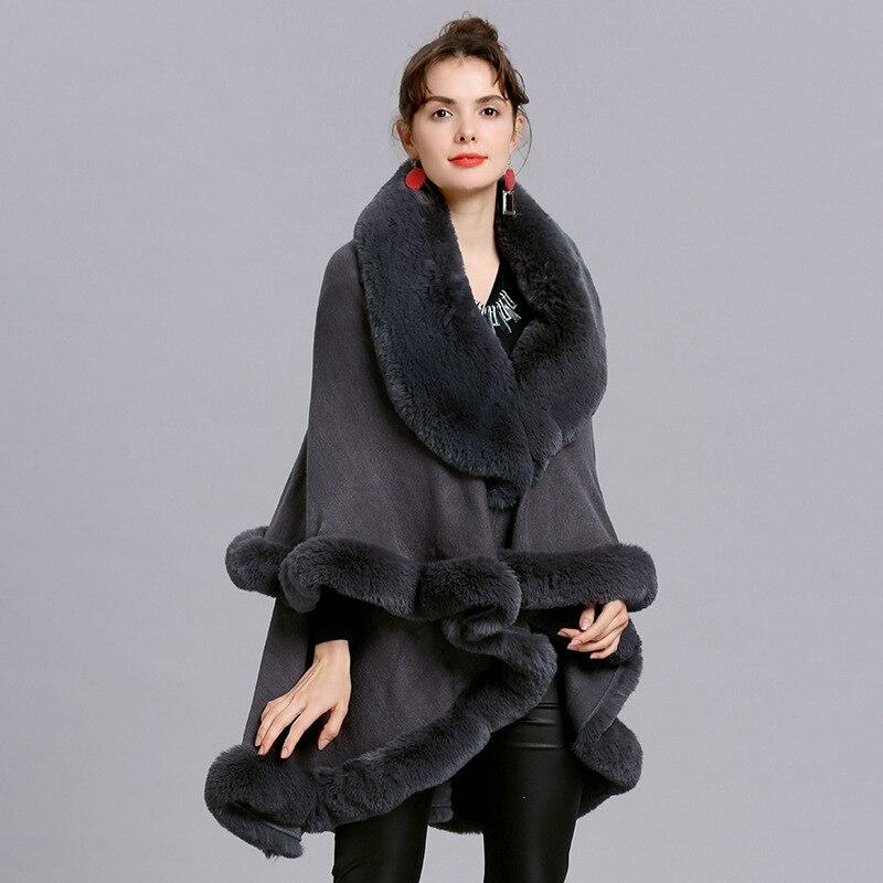 Winter Dicke Schwarz Grau Große Faux Kaninchen Fell Hals Schal Cape Warme Lange 2 Schichten Strickjacke Poncho Frauen Lose heraus Streetwear Mantel