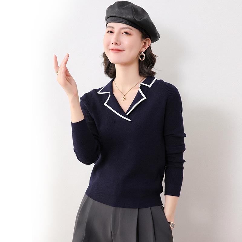 Strickpullover mit Reverskragen in Kontrastfarbe, Damen, dünn, neu, Frühling und Herbst, hochwertig, Polokragen, figurbetont, Pullover