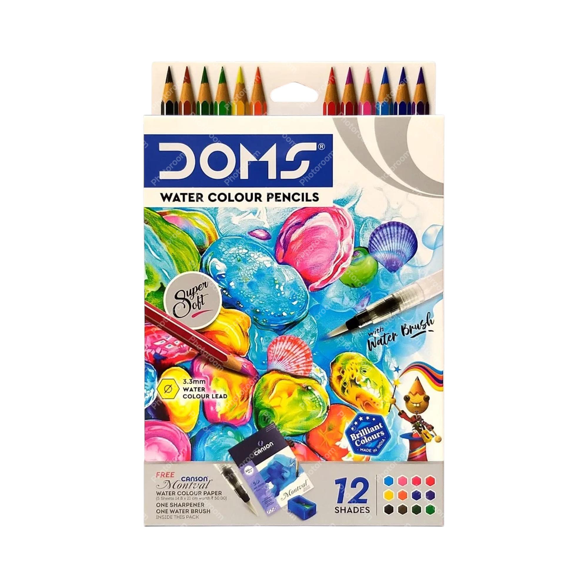 

DOMS Super Soft Hexagonal Water Soluble Colour Pencils 12 Shades Set with Watercolour Paper Brush Sharpener Pack of 1