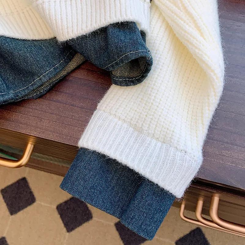 Jaro Podzim Retro Falešný Dvoudílný Pletený Svetr Kardigan Dámská Móda Prošívaná Džínová Krátká Bunda Dámské Ležérní Top