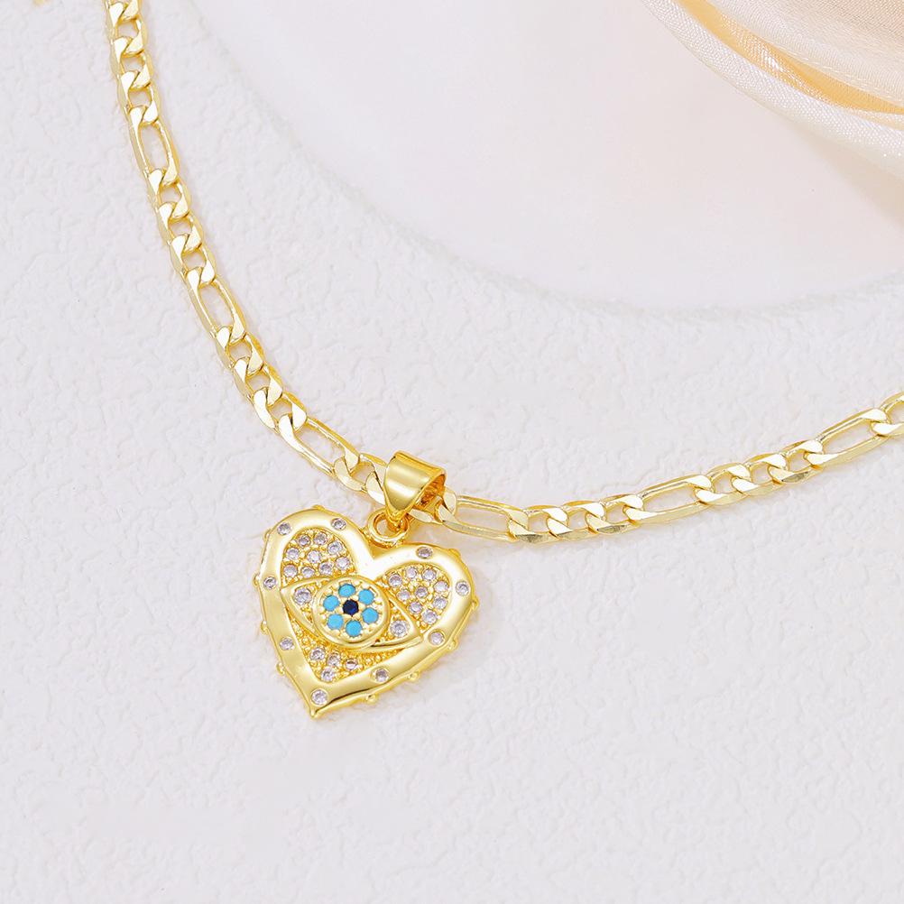 Evil Eye Pendant Necklace & Heart Earrings Jewelry Set - Gold-Plated Copper