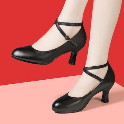 5.5cm 6cm Elegant Comfortable Ankle Bandage Med Block Heels Shoes Women Spring 2025 Soft Leather Shoes for Office Dance Work