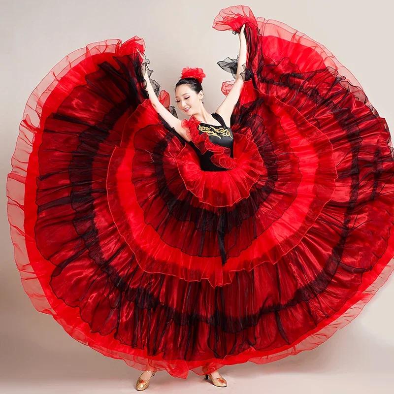 Spanish Flamenco Skirt Polyester Satin Dresses Smooth Big Swing Party Ballroom Belly Dance Dress Carnival Costumes Woman