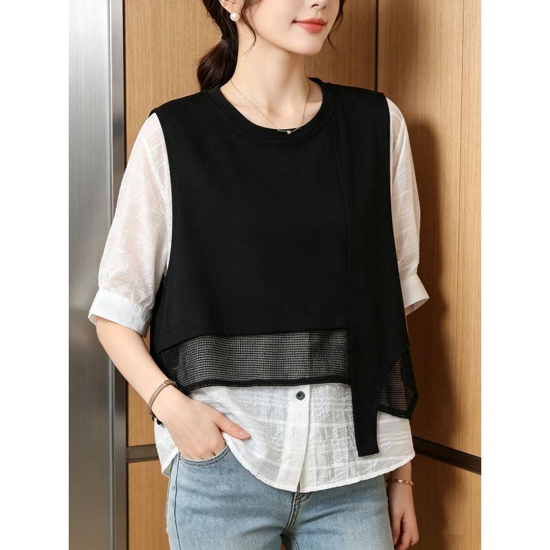 Black Fake Two Piece Loose Five Sleeve Shirt For Women Plus Size Summer Slimming Top