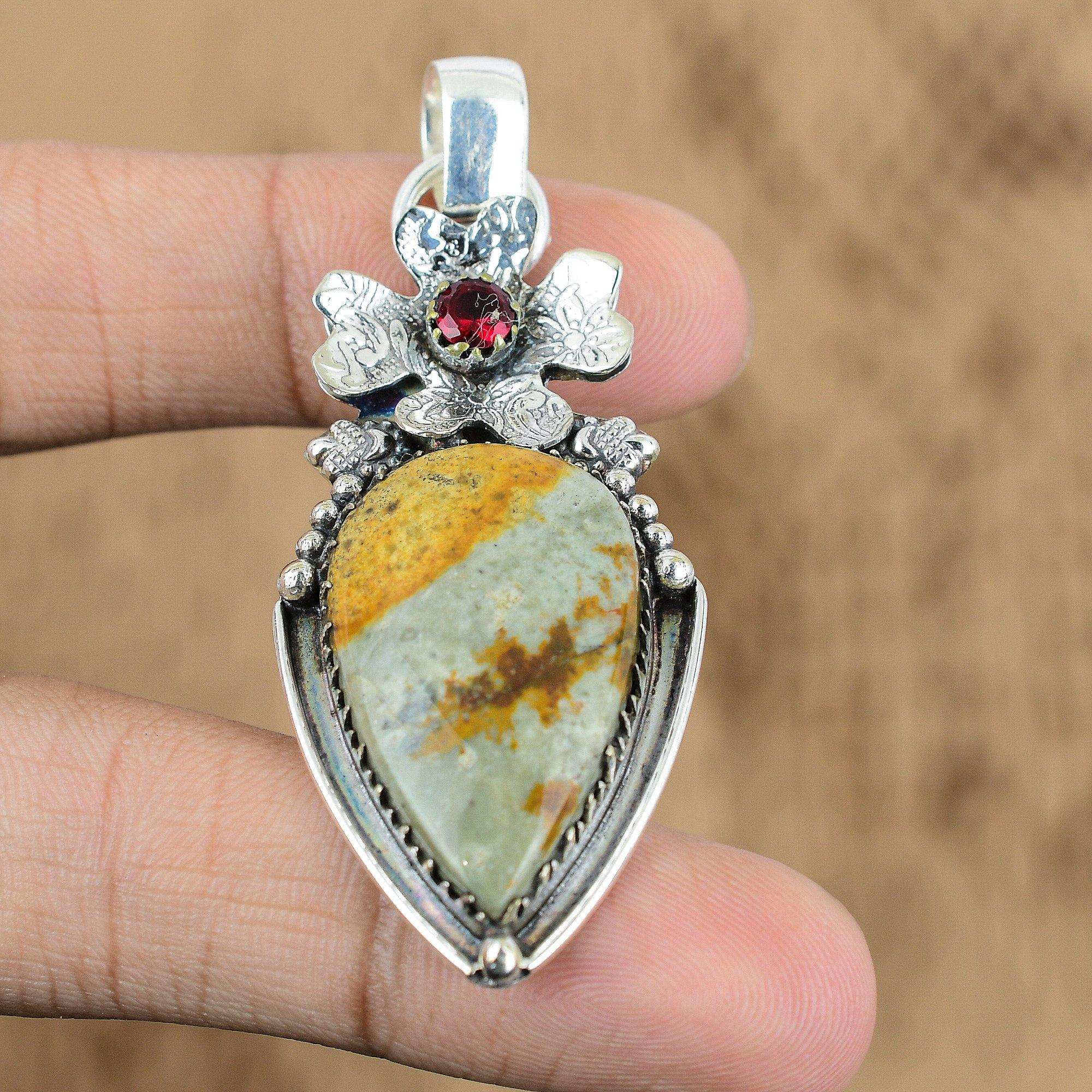 

Polychrome Jasper Gemstone Mozambique Garnet Flower Pendant 925 Sterling Silver