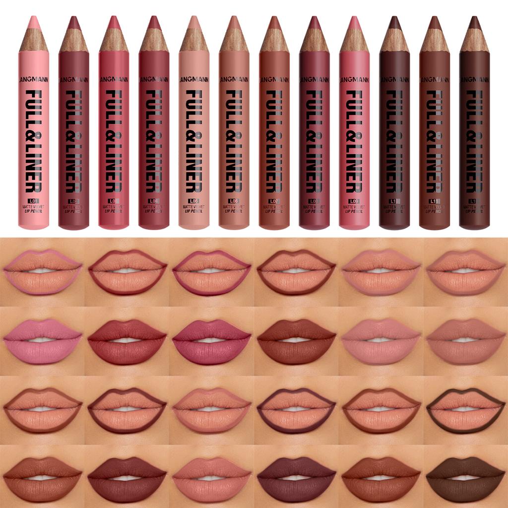 Delineador de Labios y Color Completo en 12 Tonos Mate, Fórmula Ligera para Todos los Tipos de Beige Claro Adecuado para Labios con Look Completo, Delinea y Rellena el Look de los Labios