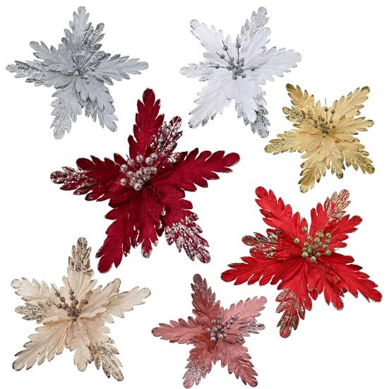 DYS Artificial Flowers with Gold Powder & Beads, Multi-Color Glitter Christmas Flowers, Multi-Layered Fabric Petals, Bendable Stems for Holiday