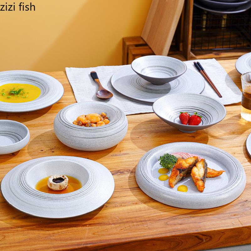 Ceramic Dinner Plate Coarse Pottery Straw Hat Bowl Pasta Plates Soup Plates Fruit Dish Salad Bowl Sting Disc Dim Sum Dish Tray