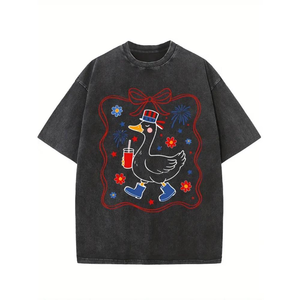 Cute Goose Hearts Tulips Print T-Shirt Casual Crew Neck Ethnic Art Duck Graphic Tee Art Top Trendy Summer