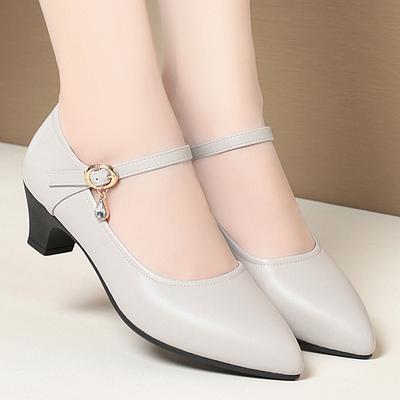 One-word Buckle Single Shoes Women's, New Spring and Summer Women's Shoes Pointed Soft Leather Soft Sole Mother Leather Shoes Black Work Shoes