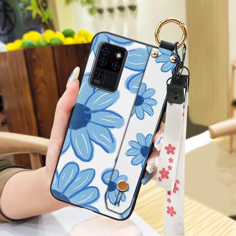 Waterproof Durable Phone Case For Oukitel C21 Wristband Wrist Strap Shockproof Silicone Kickstand Protective Ring Flower