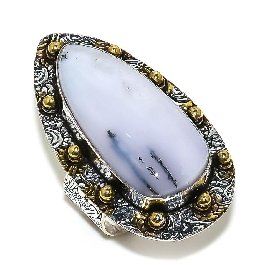 

Натуральный дендритовый опал, двухцветный драгоценный камень, кольцо из стерлингового серебра 925 пробы, размер 9 N1G29