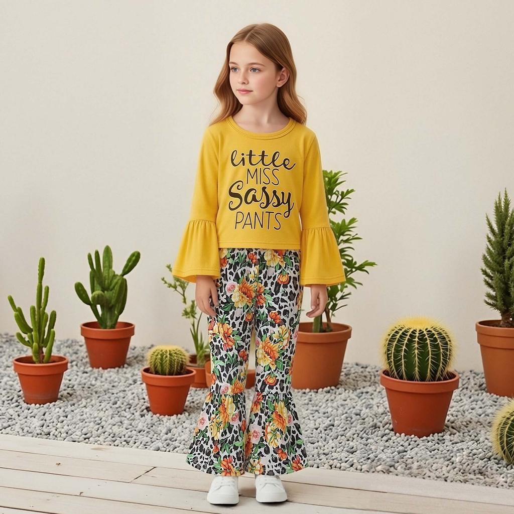 Girls Fashion Spring Autumn 2 Piece Sets Long Sleeve Letter Flared Cuff Pullover Top Flower Leopard Print Flared Pants Outfit
