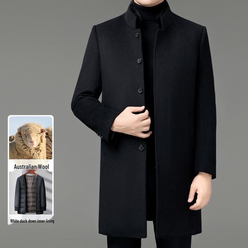 Men's Middle-Aged Stand Collar Wool Coat with Detachable Down Liner, Plus Size