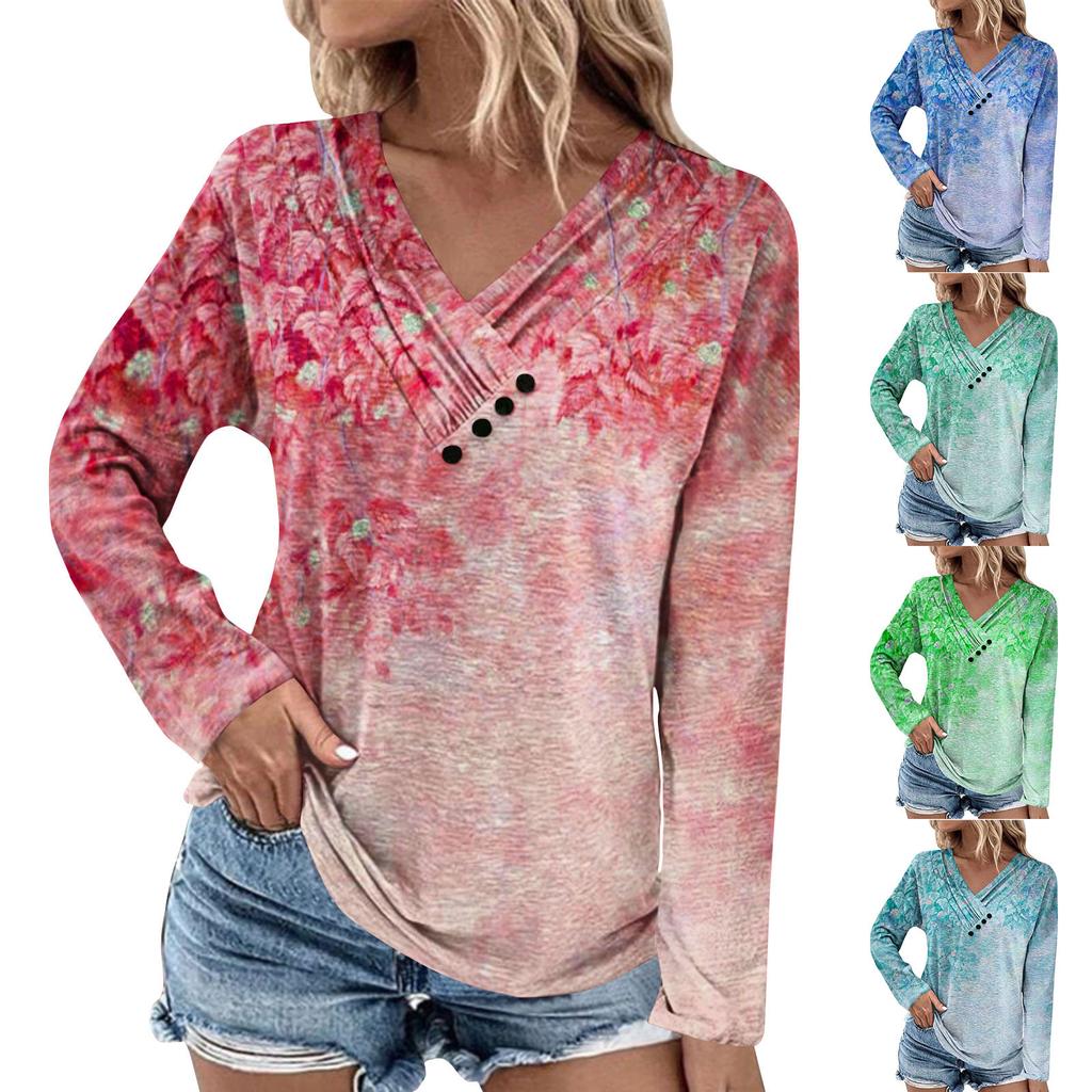 Long Sleeve Blouses For Women Casual V Neck Button Down Shirt Vintage Floral Print Blouse Tops Loose Fit Fall Shirt Top