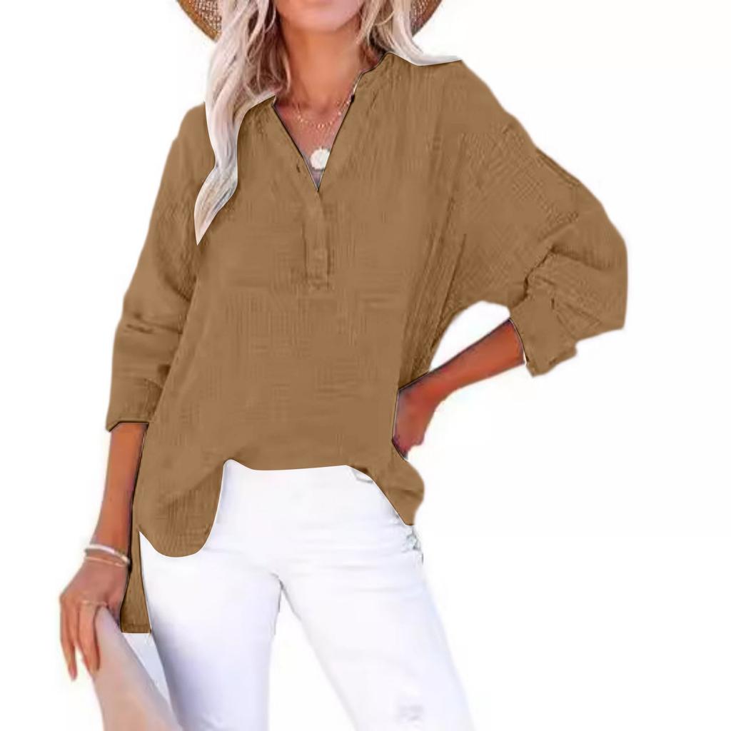 Fashion Women's Pleated Button Long Sleeve Solid Color Tops Women's Shirt Pullover