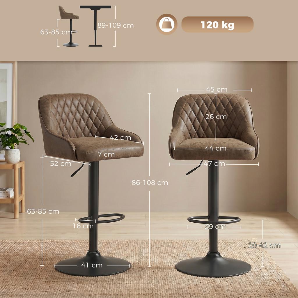 Bar Stools, Set of 2, High Kitchen Stools, Swivel Seat, Adjustable Height, Dark Brown